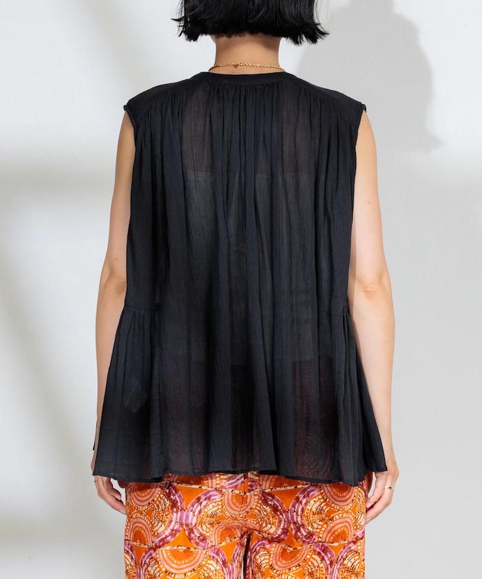 印度棉縐克雷普無袖喇叭袖上衣