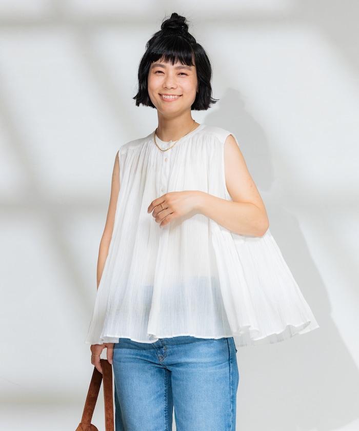 印度棉縐克雷普無袖喇叭袖上衣