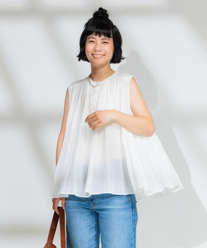 印度棉縐克雷普無袖喇叭袖上衣