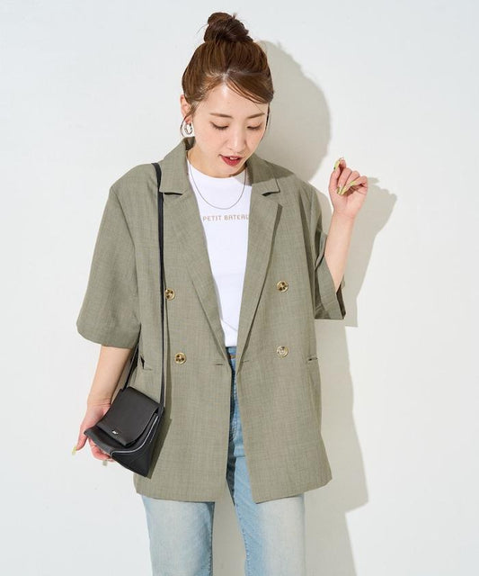 麻混 雙排扣 短袖 夾克