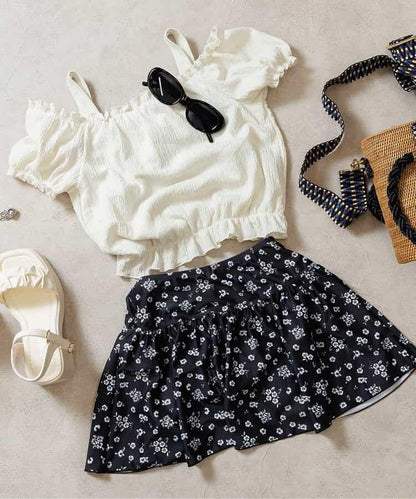 泡泡袖花卉圖案連體泳裝2件套_a