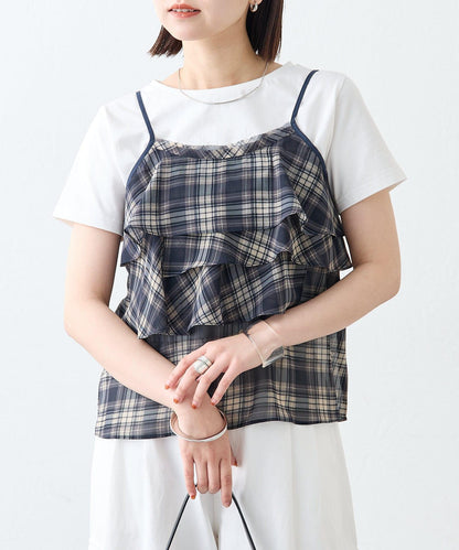 格紋荷葉邊吊帶衫