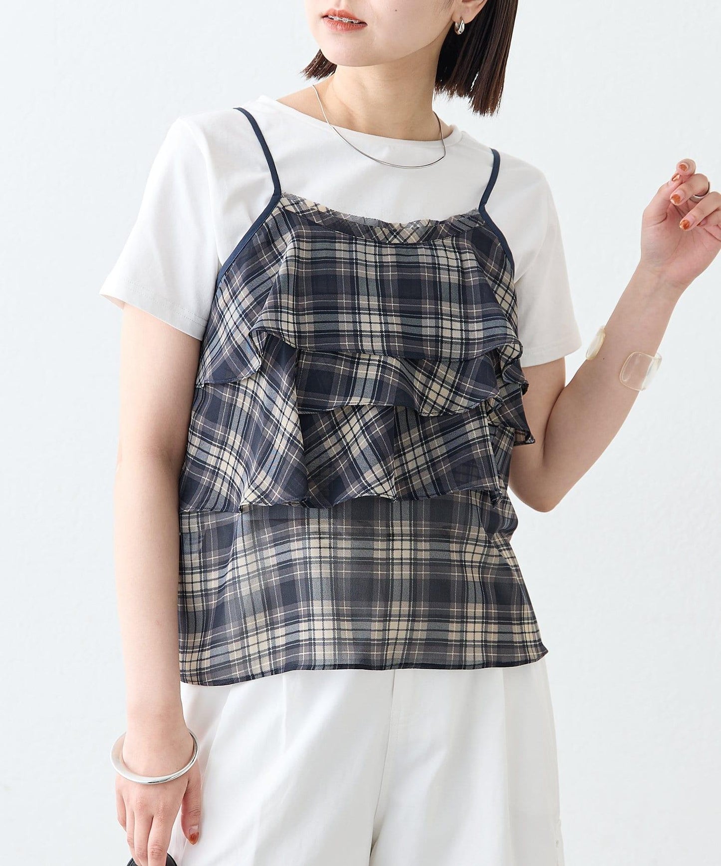 格紋荷葉邊吊帶衫