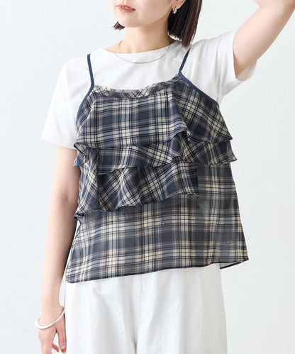 格紋荷葉邊吊帶衫
