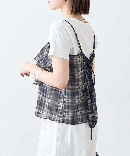 格紋荷葉邊吊帶衫