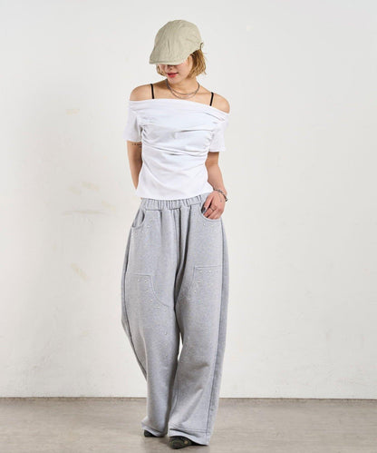 荷葉邊露肩短袖上衣