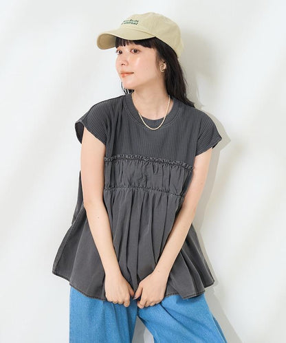 軍裝風肋紋混色法式短袖T恤