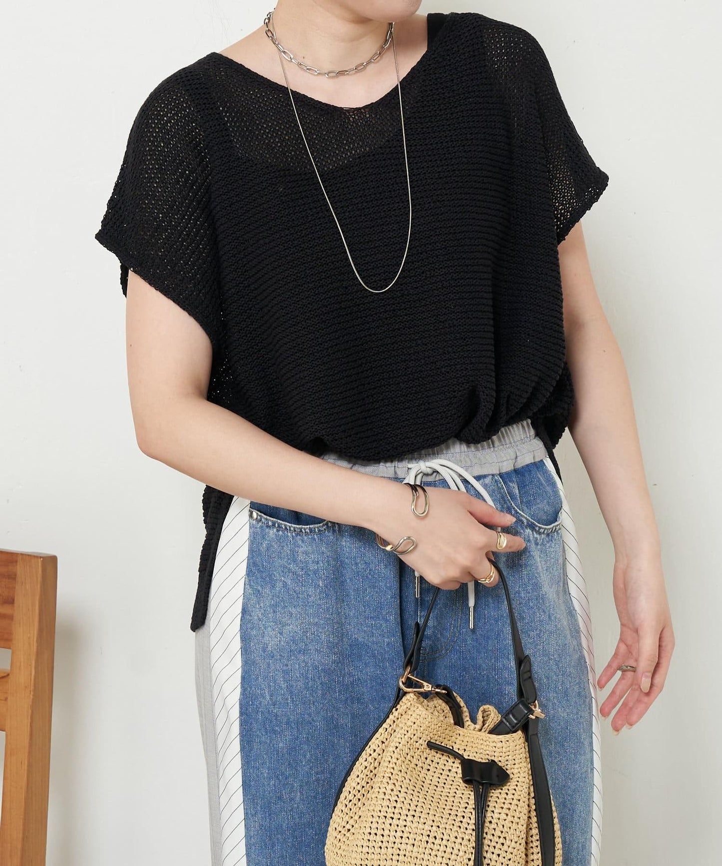 法式寬袖網眼針織衫