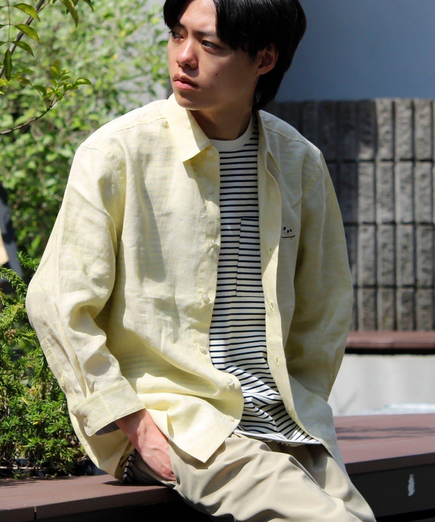 【GLOSTER】法國鬥牛犬刺繡 亞麻 七分袖襯衫