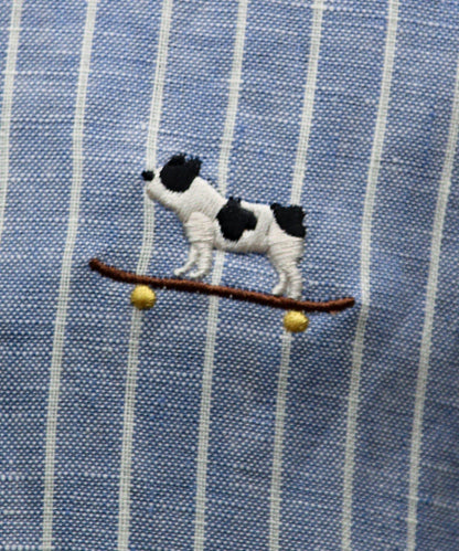 【GLOSTER】法國鬥牛犬刺繡 亞麻 七分袖襯衫