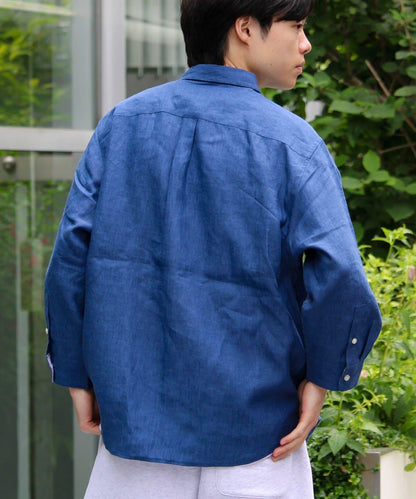 【GLOSTER】法國鬥牛犬刺繡 亞麻 七分袖襯衫