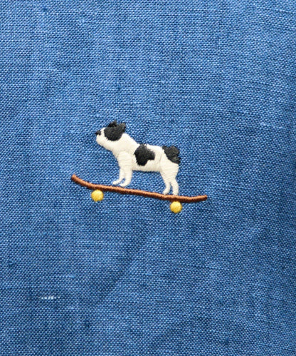 【GLOSTER】法國鬥牛犬刺繡 亞麻 七分袖襯衫