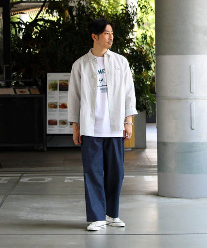 【GLOSTER】法國鬥牛犬刺繡 亞麻 七分袖襯衫