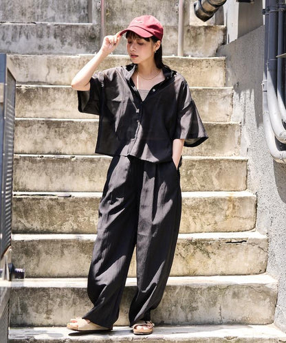 <接觸冷感> 夏季冰感 折褶 曲線 休閒褲 <套裝搭配適用>