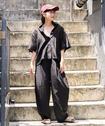 <接觸冷感> 夏季冰感 折褶 曲線 休閒褲 <套裝搭配適用>