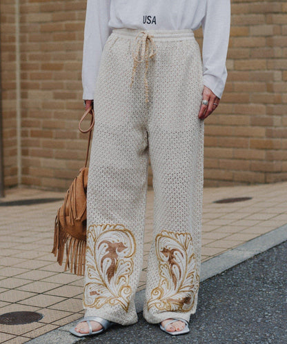 aguni拼接刺繡褲