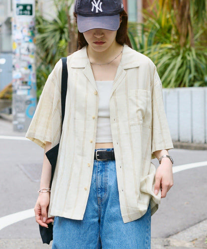 【男女通用】亞麻粘膠開領短袖襯衫