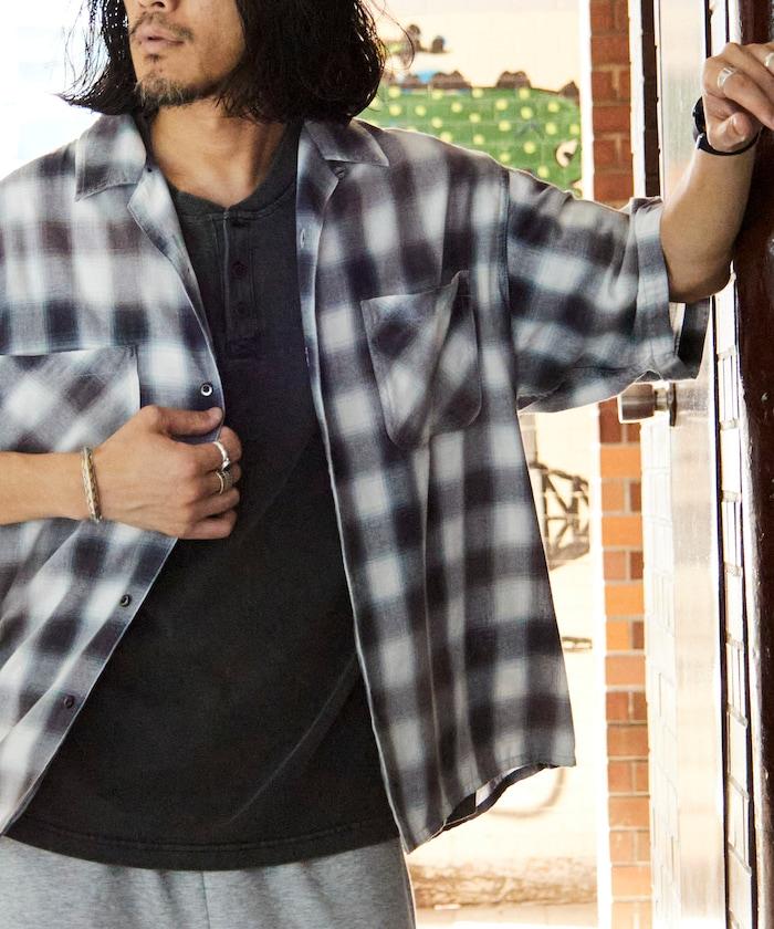 磨邊處理 開領 漸變格子襯衫 短袖