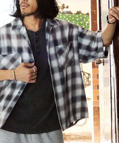 磨邊處理 開領 漸變格子襯衫 短袖