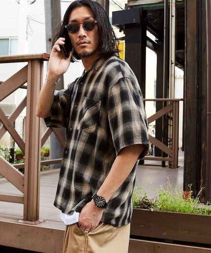 磨邊處理 開領 漸變格子襯衫 短袖