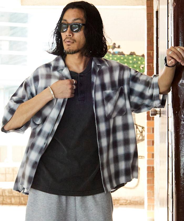 磨邊處理 開領 漸變格子襯衫 短袖