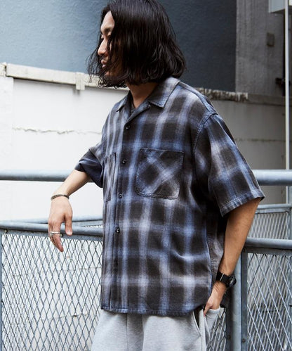 磨邊處理 開領 漸變格子襯衫 短袖