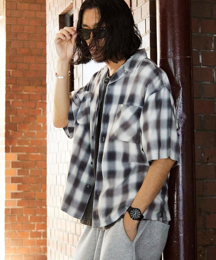 磨邊處理 開領 漸變格子襯衫 短袖