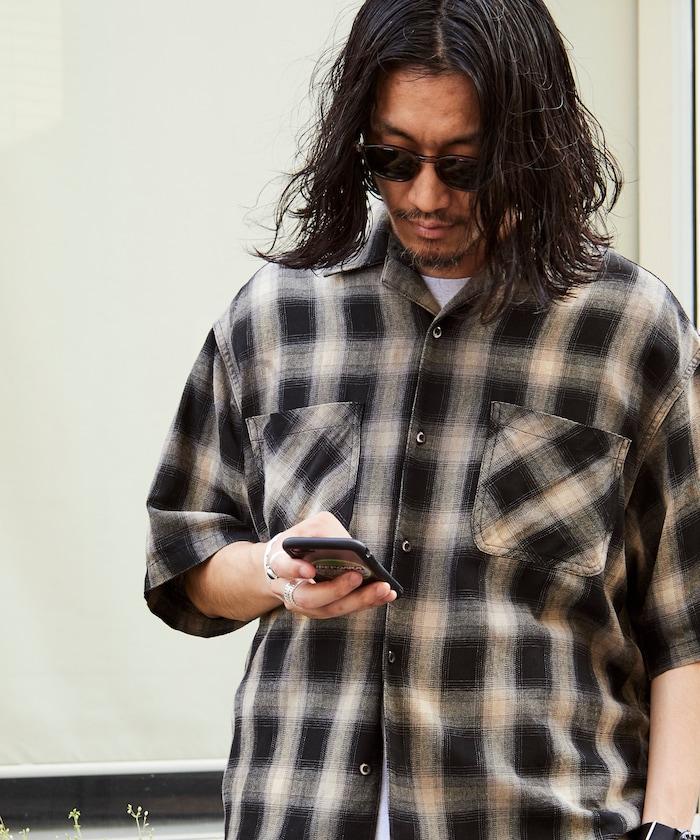 磨邊處理 開領 漸變格子襯衫 短袖