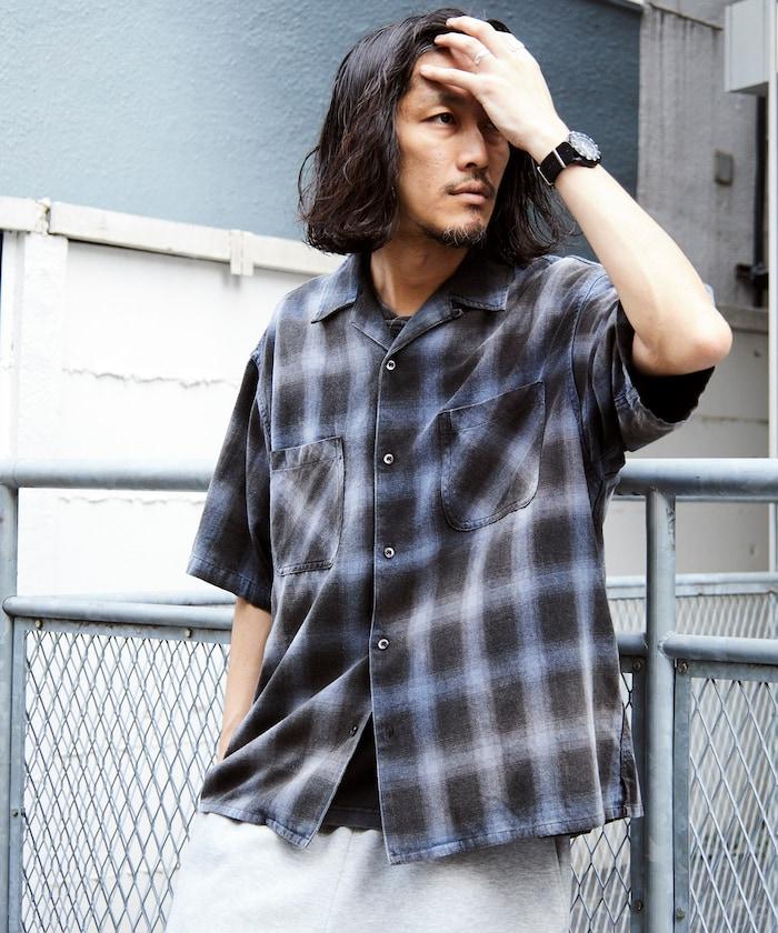 磨邊處理 開領 漸變格子襯衫 短袖