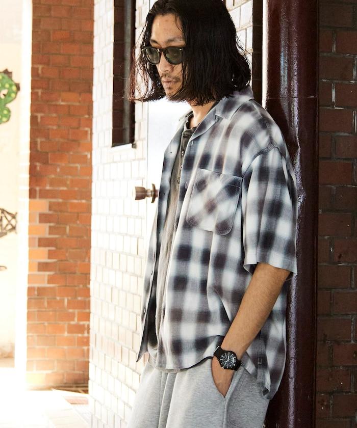 磨邊處理 開領 漸變格子襯衫 短袖