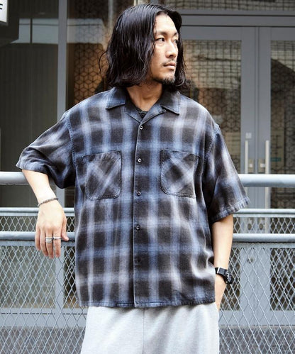 磨邊處理 開領 漸變格子襯衫 短袖