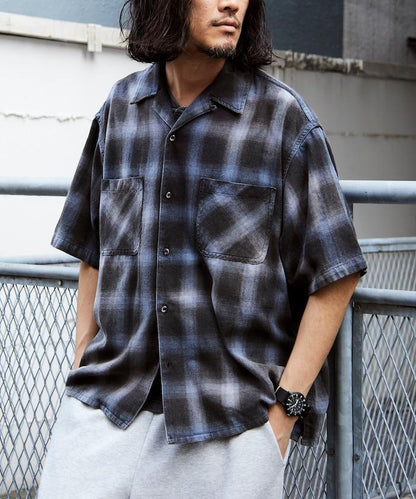 磨邊處理 開領 漸變格子襯衫 短袖