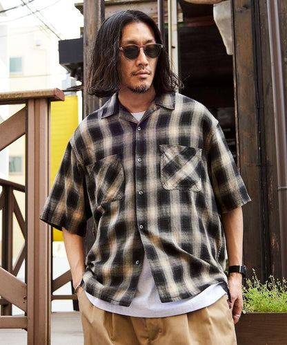 磨邊處理 開領 漸變格子襯衫 短袖