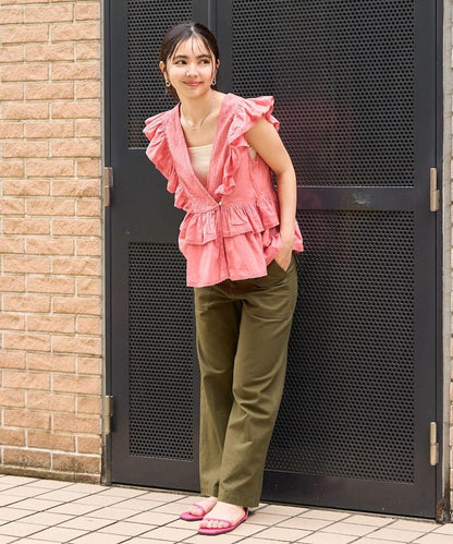 印度無袖蕾絲荷葉邊開襟上衣