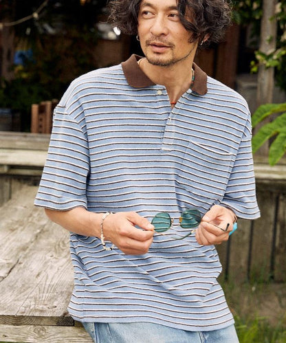 【海灘&節日】多色條紋毛圈Polo衫 短袖