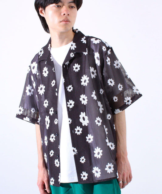 【GLOSTER】花朵網眼襯衫短袖開領襯衫
