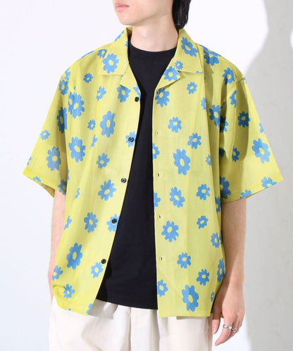【GLOSTER】花朵網眼襯衫短袖開領襯衫