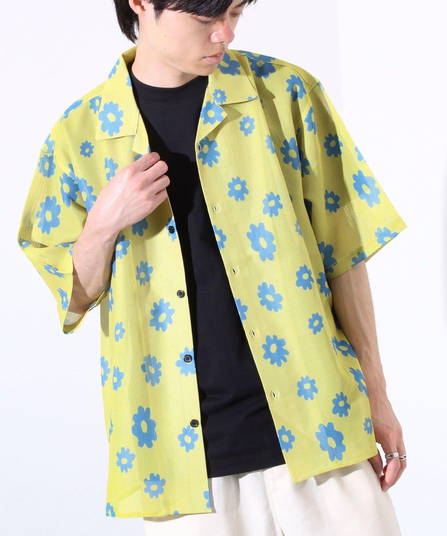【GLOSTER】花朵網眼襯衫短袖開領襯衫