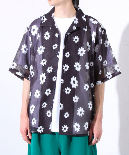 【GLOSTER】花朵網眼襯衫短袖開領襯衫