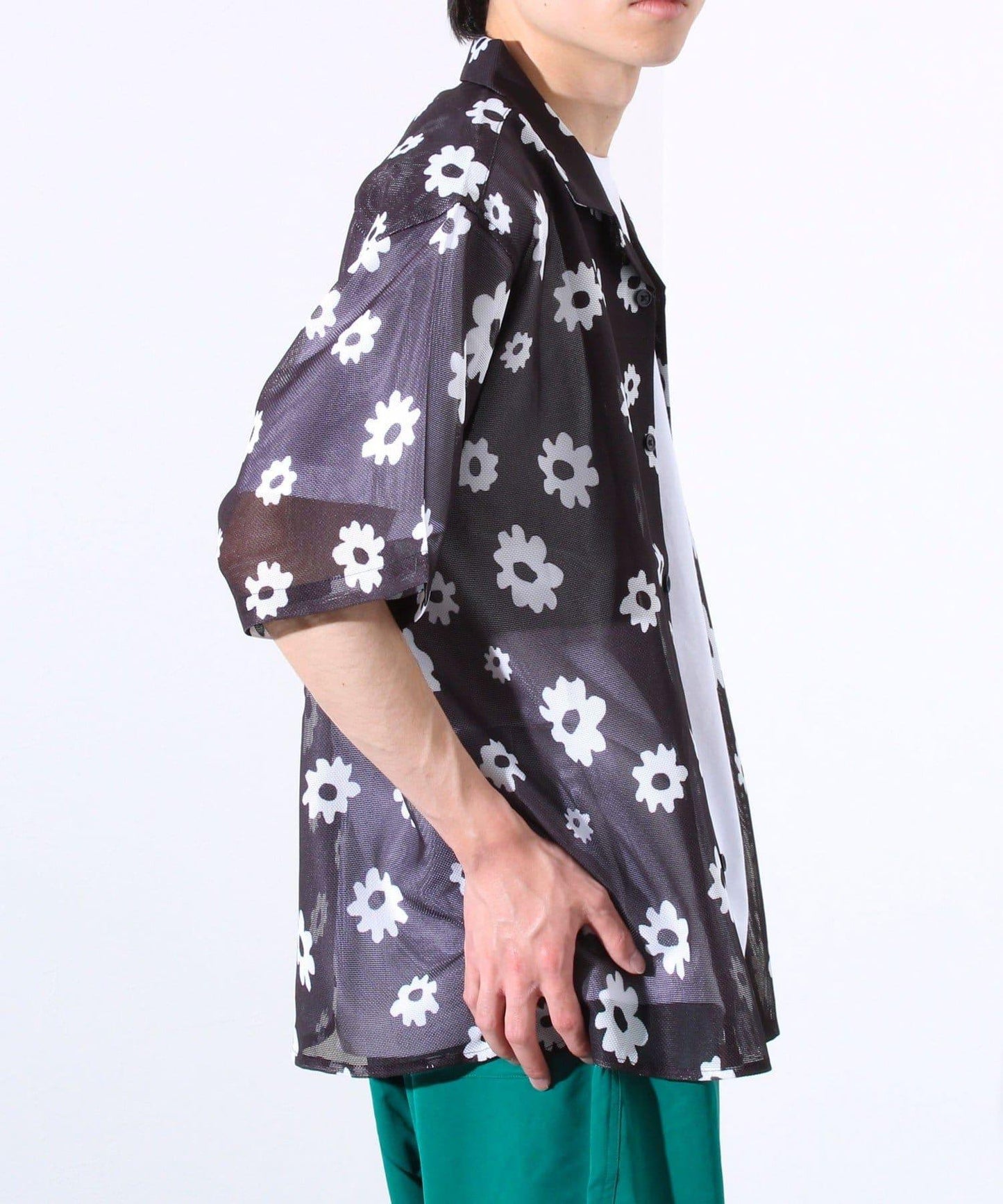 【GLOSTER】花朵網眼襯衫短袖開領襯衫
