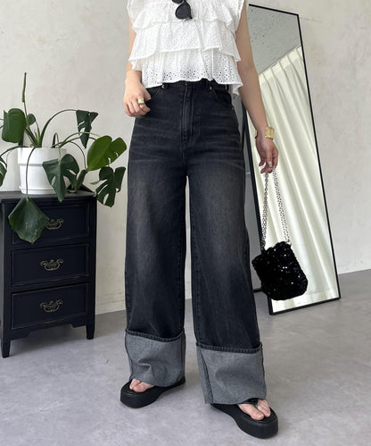 卷邊寬鬆牛仔褲