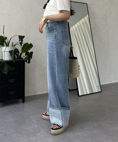 卷邊寬鬆牛仔褲