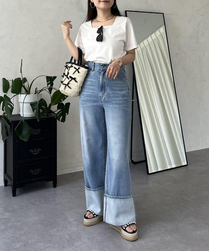 卷邊寬鬆牛仔褲