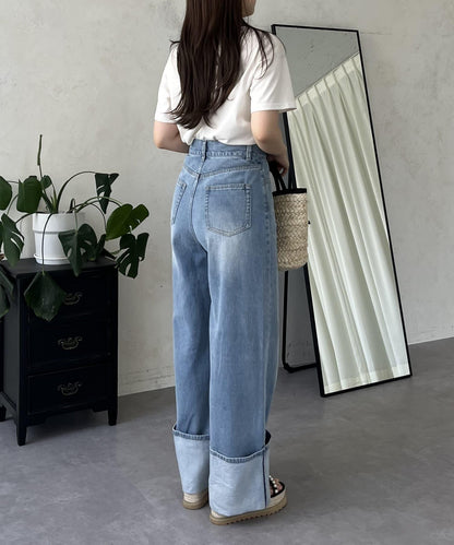 卷邊寬鬆牛仔褲