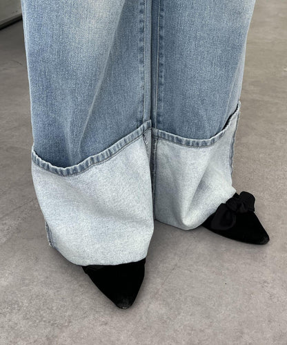 卷邊寬鬆牛仔褲