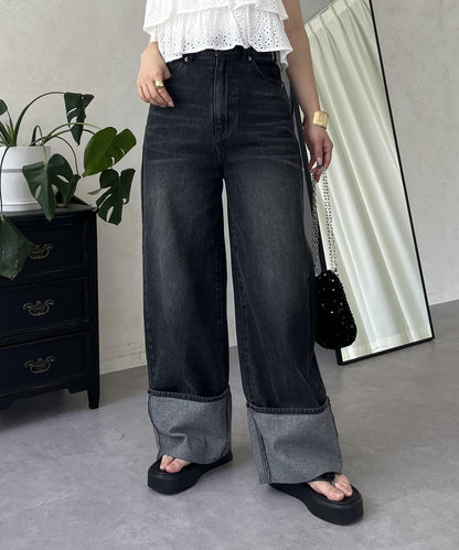 卷邊寬鬆牛仔褲