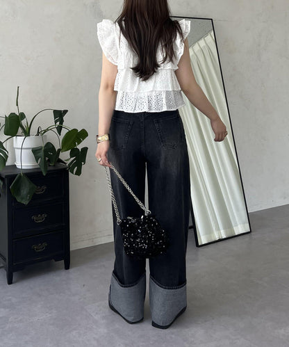 卷邊寬鬆牛仔褲