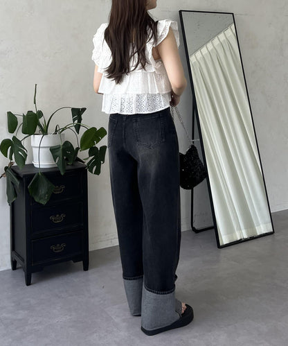 卷邊寬鬆牛仔褲