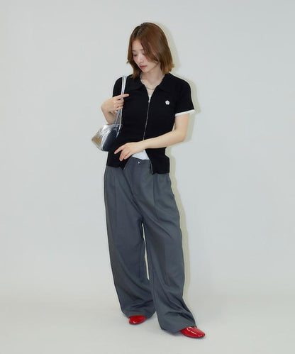 細條紋 雙高腰 雙褶 寬鬆褲