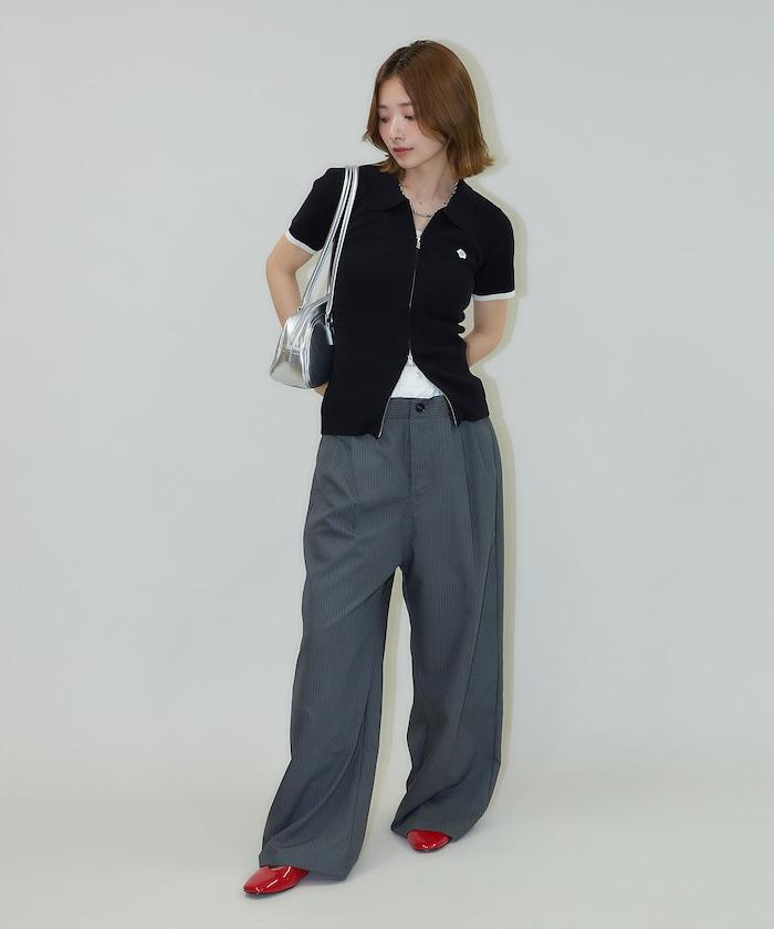 細條紋 雙高腰 雙褶 寬鬆褲